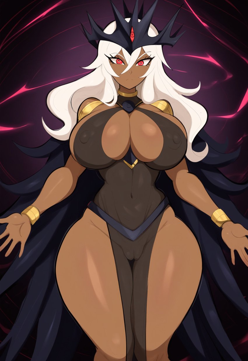 ai_generated black_clothing cameltoe celestial_dragon covered_nipples crown curvy dark-skinned_female dark_skin evil expressionless female female_only hear_me_out huge_breasts hypothetical imu_(one_piece) large_breasts mullon novelai one_piece pelvic_curtain queen red_eyes see-through solo tenryuubito thick_thighs voluptuous voluptuous_female white_hair