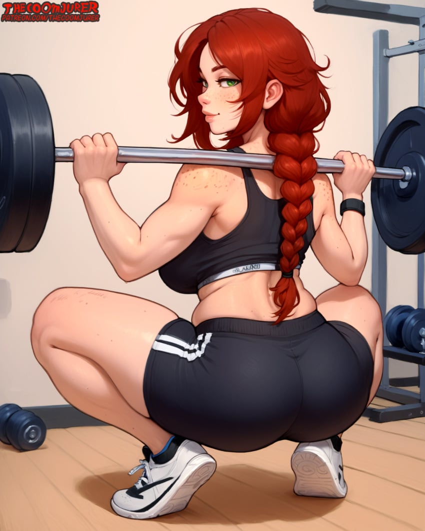 ai_assisted ai_generated back_view freckles freckles_on_face g green_eyes gym lifting looking_at_viewer looking_back muscular muscular_female red_hair shorts sports_bra squat squatting thecoomjurer