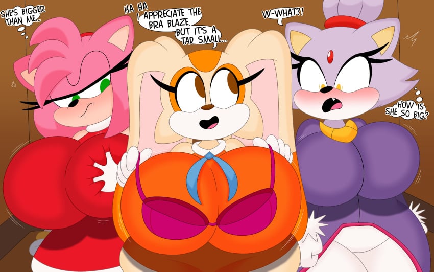 3barts amy_rose anthro blaze_the_cat breast_envy catgirl clothing cream_the_rabbit envy feline furry highres huge_breasts jealous large_breasts pink_fur pink_hair purple_fur rabbit sega shortstack sonic_(series) sonic_advance_2 sonic_rush sonic_the_hedgehog_(series)