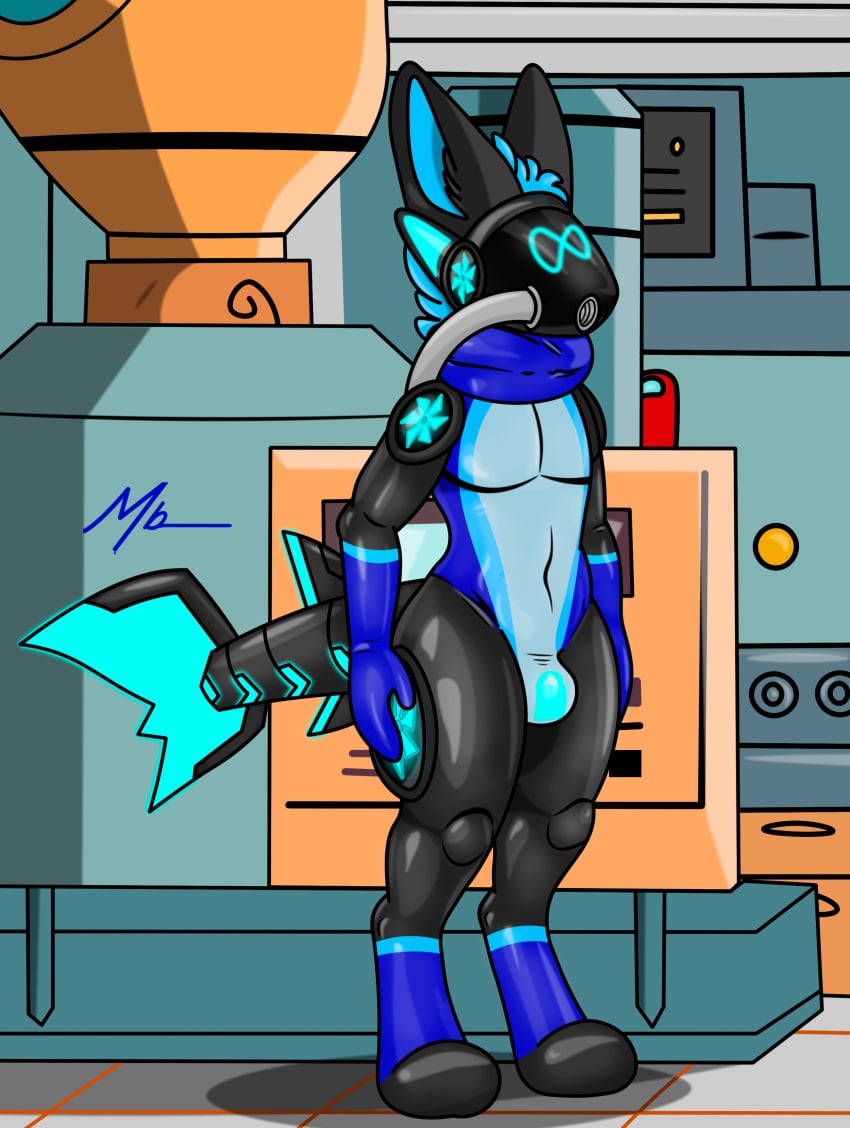 absurd_res alternate_version_at_source blue_omega clothing drone hi_res industrial_background latex latex_clothing machine male null_bulge protogen reprogramming robot shark_tail solo