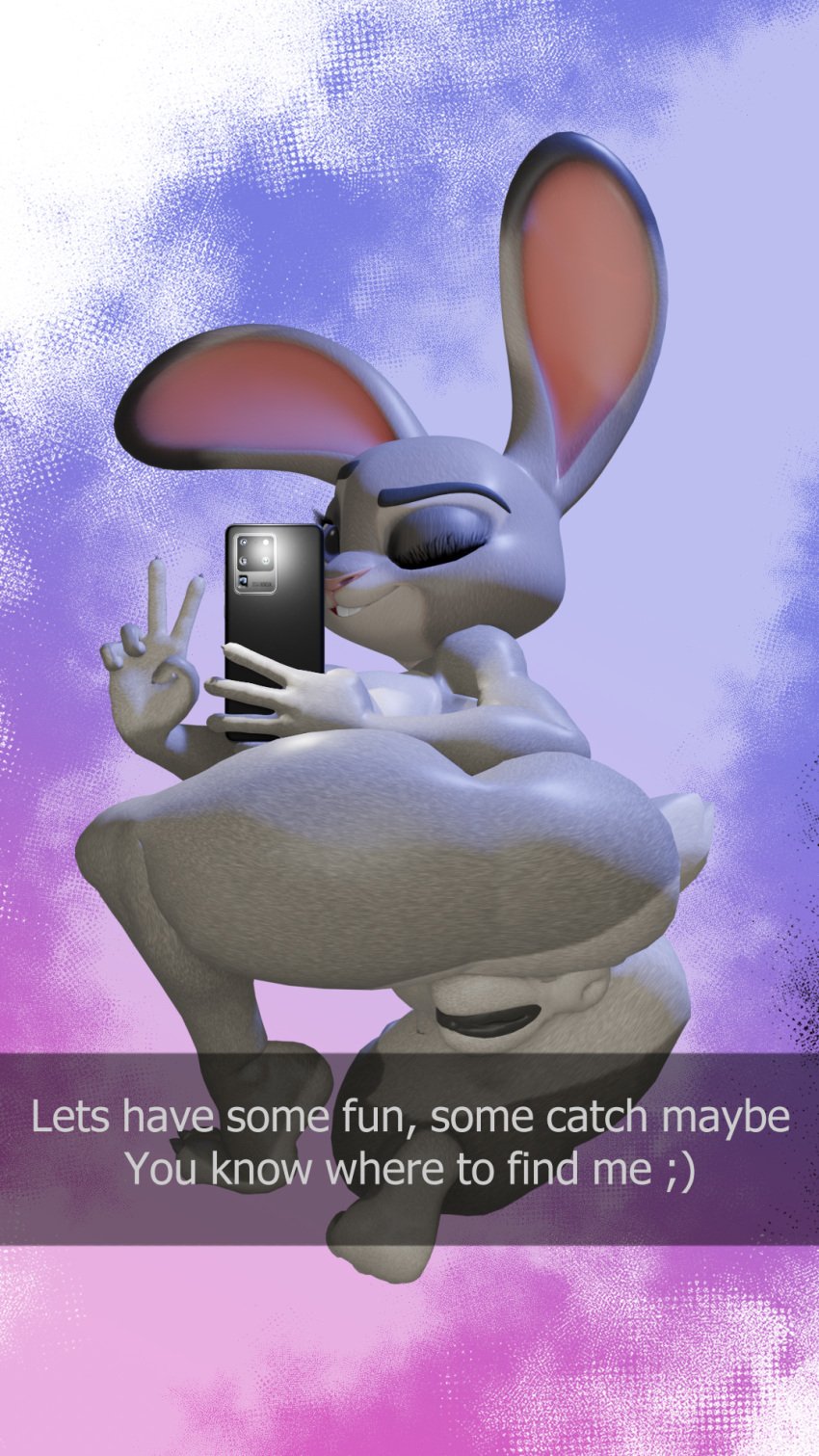 3d_(artwork) 9:16 anthro anus ass cellphone digital_media_(artwork) disney electronics english_text female genitals gesture hand_gesture hi_res judy_hopps lagomorph leporid mammal nude one_eye_closed phone presenting presenting_hindquarters pussy rabbit selfie simple_background smile smiling_at_viewer smirk smirking_at_viewer snapchat solo sonlink spread_butt spreading text text_box v_sign wink zootopia