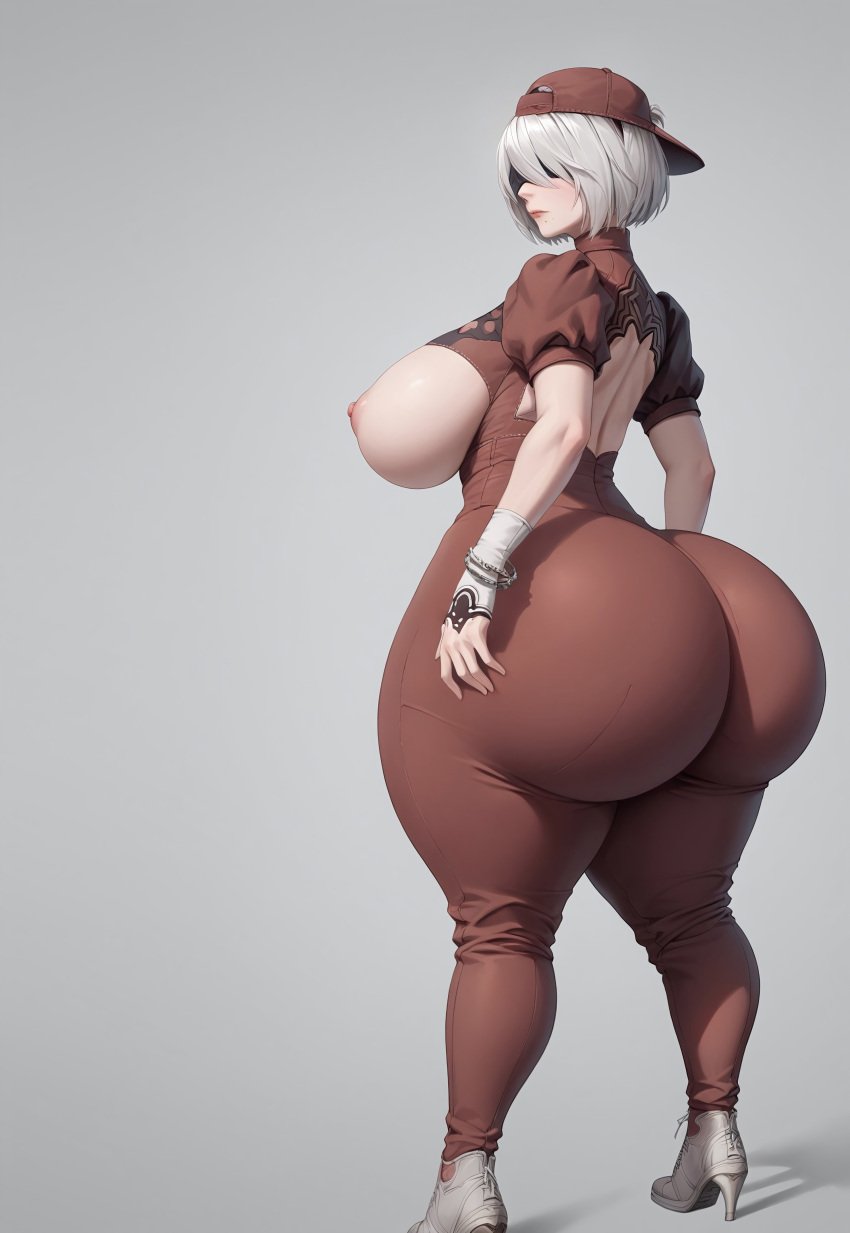 1girls ai_generated android bandage big_ass big_breasts big_thighs blindfolded bracelets bubble_butt curvy curvy_ass curvy_figure fat_ass gray_background high_heels huge_ass long_legs nier:_automata pants platinum_games red_cap red_corset robot_girl sideboob simple_background solo solo_female square_enix thick_ass thick_thighs white_hair yorha_2b