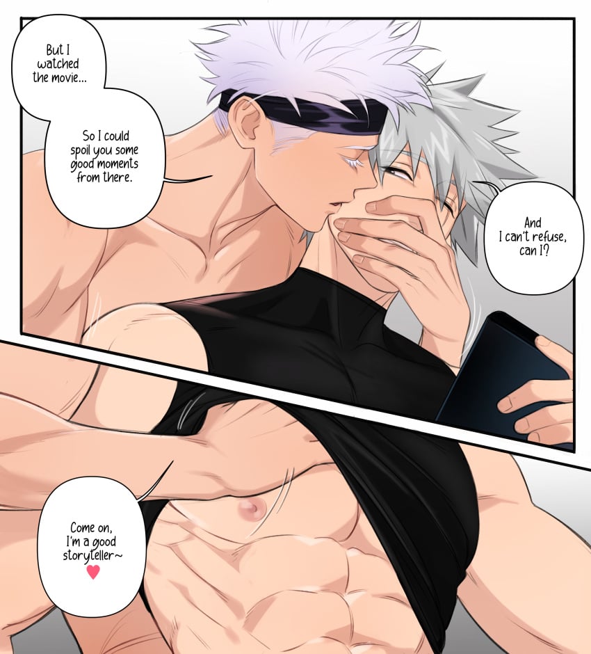 2boys abs before_anal before_sex book crossover english_text gay grabbing grabbing_from_behind grey_hair hatake_kakashi jujutsu_kaisen male/male muscular muscular_male naruto naruto_(series) pecs pecs_touching pectorals riffraff riffraffhellyea satoru_gojo scar shirtless shirtless_male speech_bubble white_hair yaoi