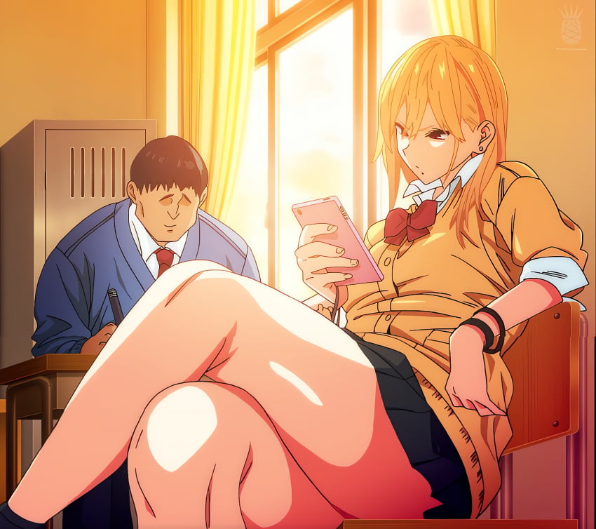 1boy 1girls blonde_female blonde_hair cellphone classroom clothed clothed_female clothing ear_piercing female holding holding_object indoors legs_crossed light-skinned_female light_skin male mole mole_under_mouth nerdy_male pale-skinned_female pale_skin ribbon school school_uniform schoolgirl screencap screenshot seiyoku_tsuyotsuyo sitting skirt smartphone sunset thick_thighs thighs virgin_male white_skin