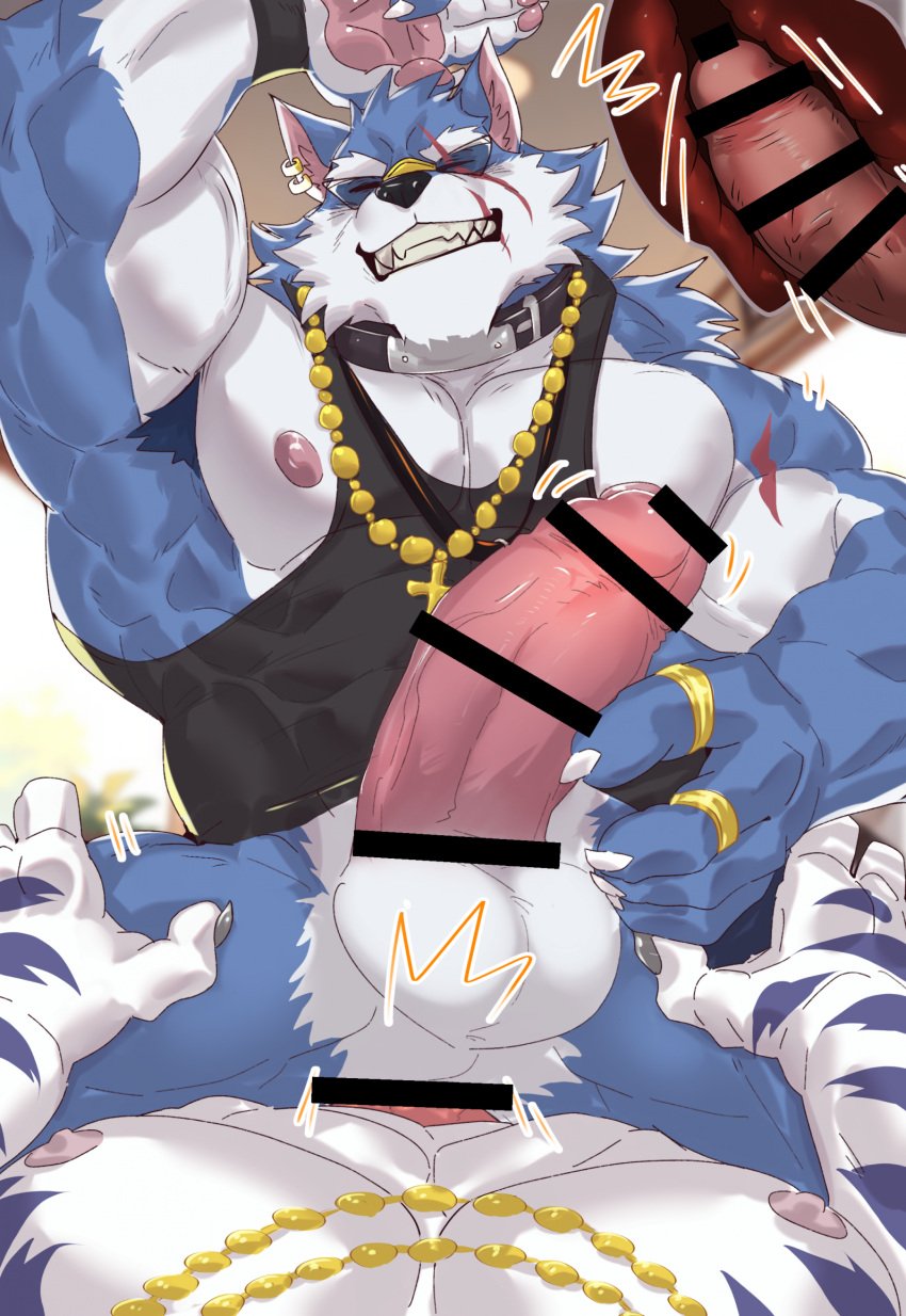 abs anal anthro armpit_hair balls biceps body_hair bulge canid canine canis censored collar dislyte duo ear_piercing felid freddy_(dislyte) fur genitals hi_res humanoid_genitalia humanoid_penis internal istani jewelry jin_qiu_(dislyte) lilith_games male mammal muscular muscular_anthro muscular_male necklace nipples pantherine pecs penis piercing sharp_teeth teeth tiger vein veiny_penis wolf