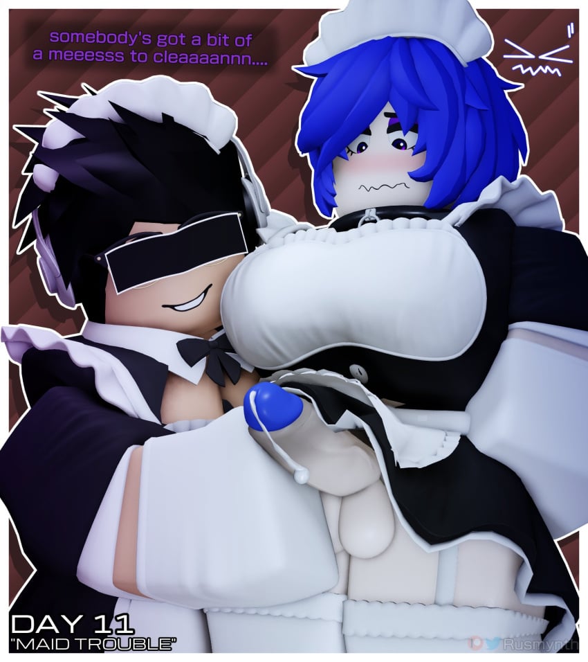 1futa 1girls 3d balls breasts cleavage clothing cum_drip english_text functionally_nude futanari iris_(rusmynth) maid maid_outfit original_character penis penis_grab penis_out roblox robloxian rusmynth tagme text thighs unseen_(unseenfury) unseenfury