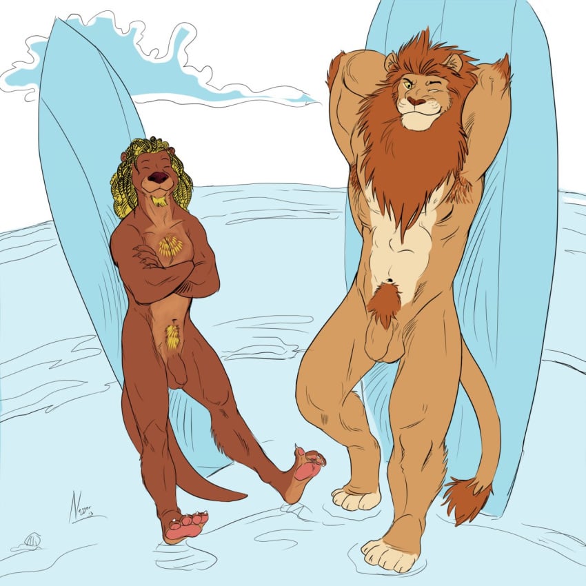 abs anthro balls beach blonde_hair brown_fur chest_tuft closed_eyes crossed_arms feline flaccid fur furry hair lion looking_at_viewer male male_only mustelid negger nude one_eye_closed otter penis pose red_hair seaside standing surf tuft water wink yellow_eyes