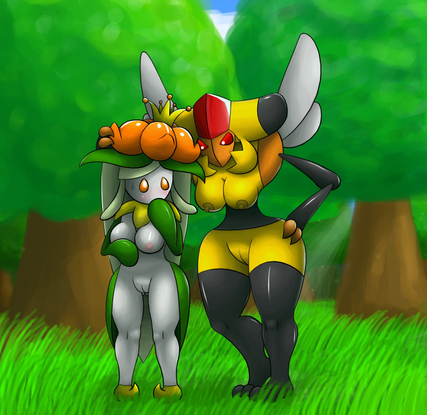 anthrofied bee blush breasts color day duo female flora_fauna forest furry insects lilligant nintendo nude ole outdoors plant pokemon pussy standing tree vespiquen video_games