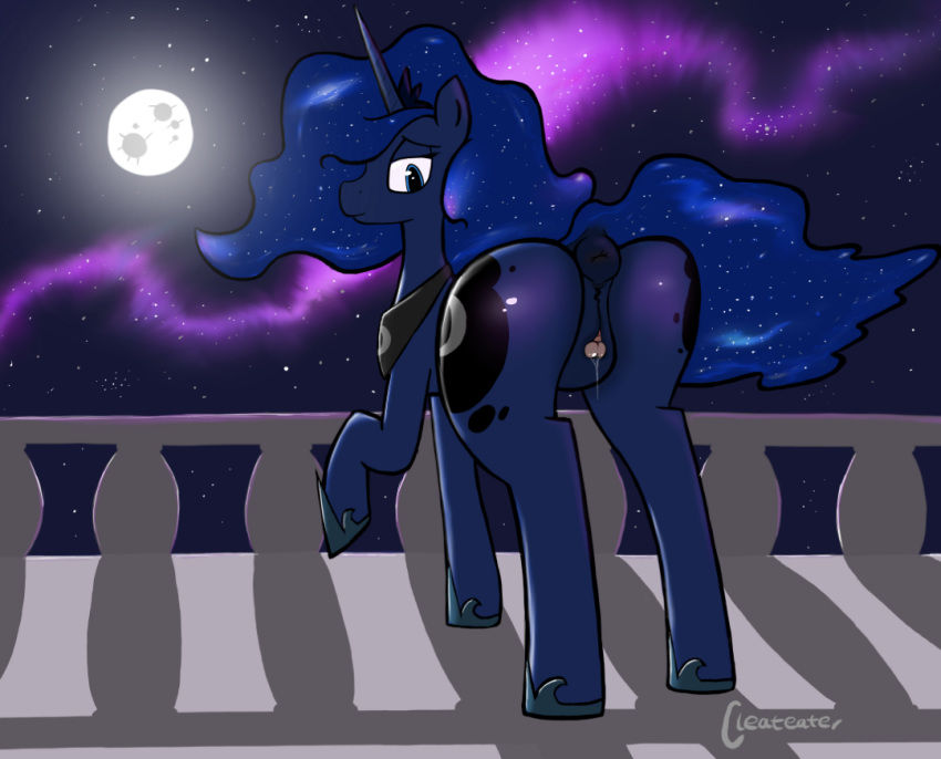 alicorn anus balcony blue_fur cleateater clitoral_winking clitoris crown cutie_mark equine friendship_is_magic fur hair hooves horn horse jewelry long_hair magic_user mammal moon multicolored_hair my_little_pony nebula necklace night pony princess_luna_(mlp) pussy pussy_juice sky star tiara wings