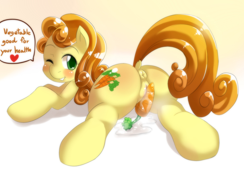 2013 anus blush carrot carrot_top_(mlp) cutie_mark english_text equine freedomthai friendship_is_magic green_eyes hair horse juice looking_back lying my_little_pony on_front one_closed_eyes orange_hair plain_background pony pussy pussy_juice smile solo text wink