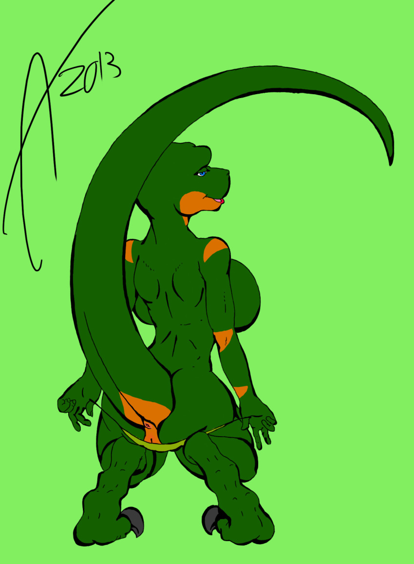 2013 aisha_neavi anthro anus ass big_breasts breasts dinosaur female furry huge_breasts plain_background pussy raptor scalie solo thong wide_hips