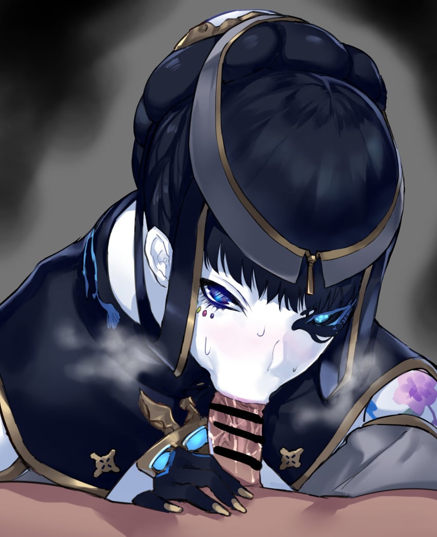 :>= azami_(xenoblade) black_hair blue_eyes blush brooch censored cleaning cum_on_penis fellatio fingernails headband highres jewelry long_fingernails mechanical_eye negresco oral penis puffy_sleeves puppet purple_eyes xenoblade_(series) xenoblade_chronicles_2