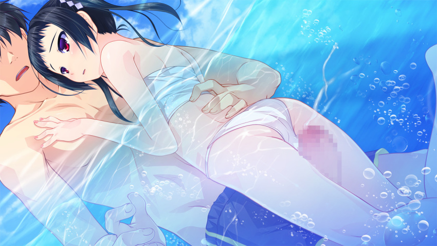 2boys aogiri_penta ass between_thighs black_hair blush cum femboy fundoshi josou_kaikyou male male_only munakata_meguru ocean penis red_eyes rubbing tied_hair trap twintails underwater water yaoi