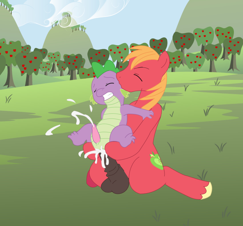 anal anal_sex apple bald balls big_macintosh_(mlp) big_penis black_penis black_skin blonde_hair clenched_teeth closed_eyes color cum cum_in_ass cum_inside cum_string cumshot day dragon equine erection food friendship_is_magic fruit furry gay green_skin hair hi_res hill hooves horse kissing kneeling lift lizard long_hair male my_little_pony no_humans orgasm outdoors penetration penis plant pony purple_skin red_body red_skin reptile scalie sex size_difference sky smooth_skin spike_(mlp) teeth tree