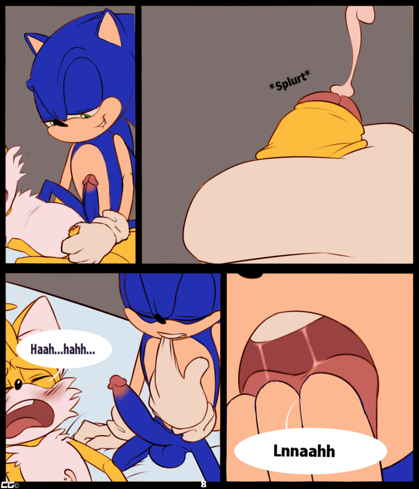 2015 anthro blue_fur blush crazedg cum cumshot english_text erection fur furry furry_only green_eyes handjob hedgehog male male_only mammal multiple_males open_mouth orgasm penis saliva sonic_(series) sonic_the_hedgehog tails text uncut yaoi