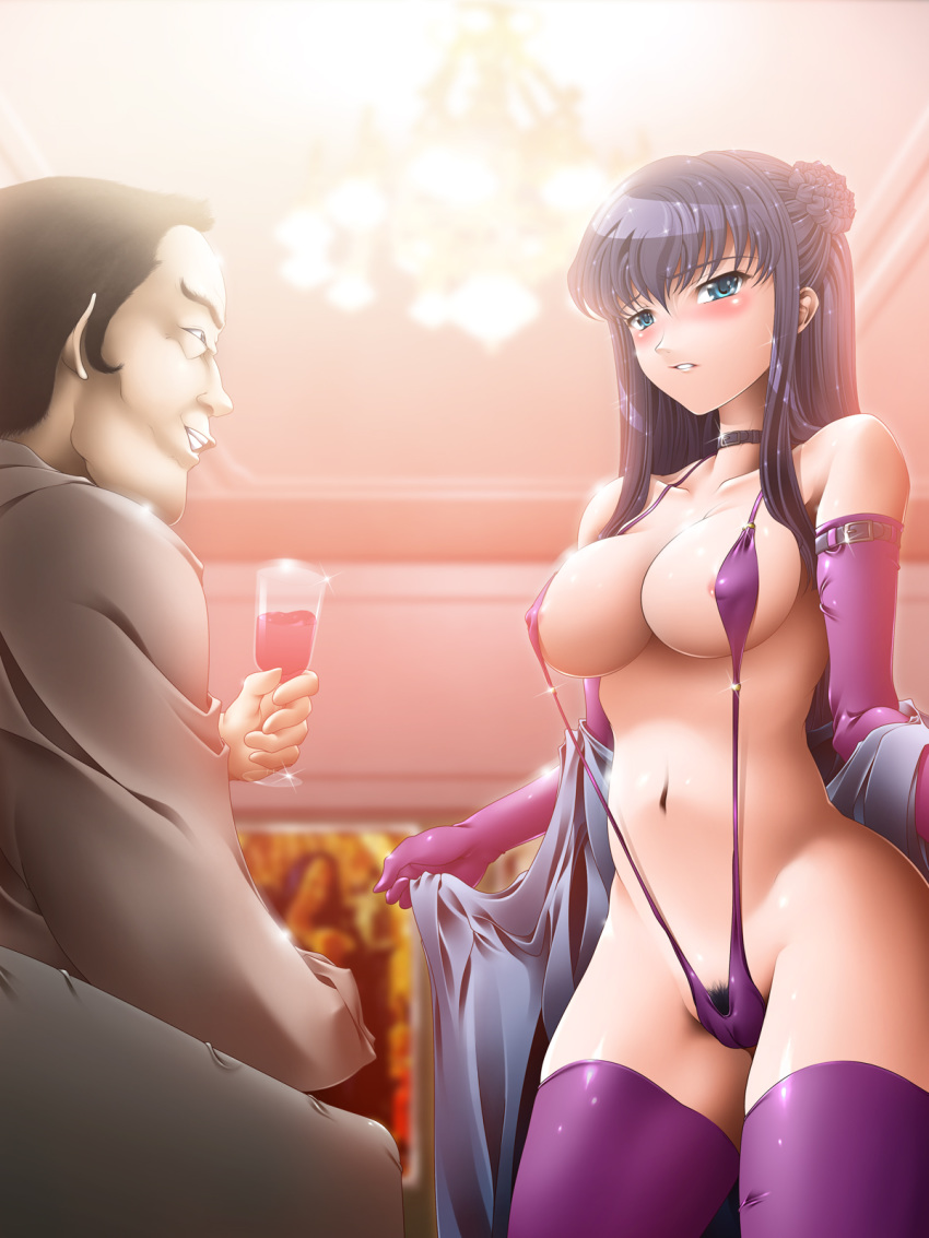 blue_eyes blush choker elbow_gloves gloves gundam gundam_00 highres marina_ismail natural_wedgie pointy_chin pubic_hair sling_bikini swimsuit thighhighs