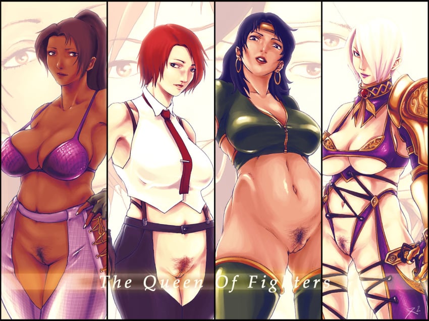 4girls armor big_breasts bikini black_hair black_orchid blackchain_(rennes) bottomless brazilian brazilian_female breasts brown_hair christie_monteiro crossover earrings female female_only headband human isabella_valentine killer_instinct king_of_fighters latex latina multiple_females multiple_girls namco ponytail pubic_hair pussy red_hair snk soul_calibur swimsuit tekken tied_hair vanessa_(kof) warrior white_hair