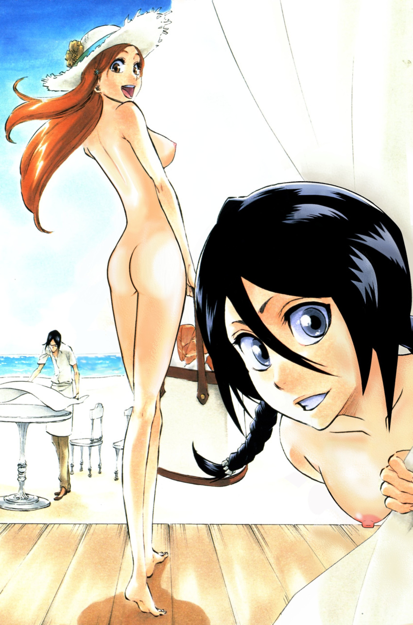 1boy 2girls artist_request ass beach black_hair bleach breasts female hat high_resolution inoue_orihime kuchiki_rukia long_hair looking_back male multiple_girls nude nudist orange_hair photoshop smile uryu_ishida