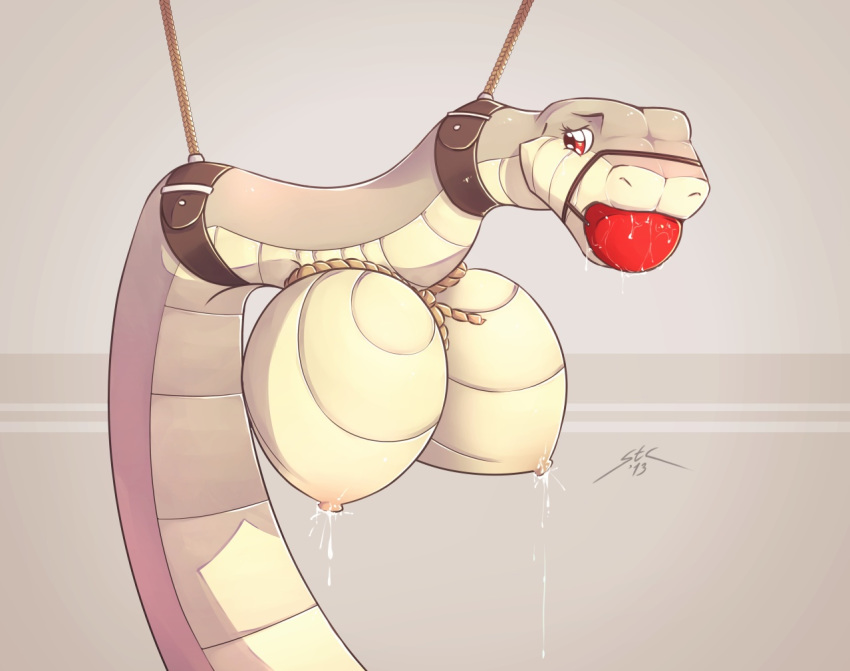 2013 ball_gag belt big_breasts blush bondage bound breasts female feral gag grey_background grey_skin lactation milk nipples nude plain_background red_eyes rope saliva scalie snake solo spotty_the_cheetah white_skin