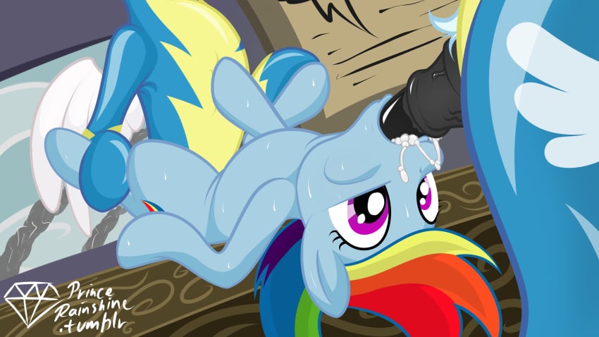 bodysuit clothes cum cum_in_mouth cutie_mark duo equine female feral friendship_is_magic group hair horse male multicolored_hair my_little_pony oral pegasus pony purple_eyes rainbow_dash_(mlp) rainbow_hair sex spitroast spread_legs spreading straight sweat taharon threesome wings wonderbolts_(mlp)