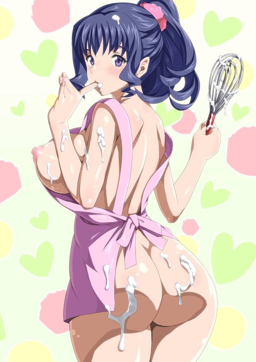 1girls apron ass batter blue_hair blush breasts finger_in_mouth hair large_breasts milf minamino_misora naked_apron precure pretty_cure sexually_suggestive shin'ya_(shin'yanchi) sideboob suite_precure suite_pretty_cure