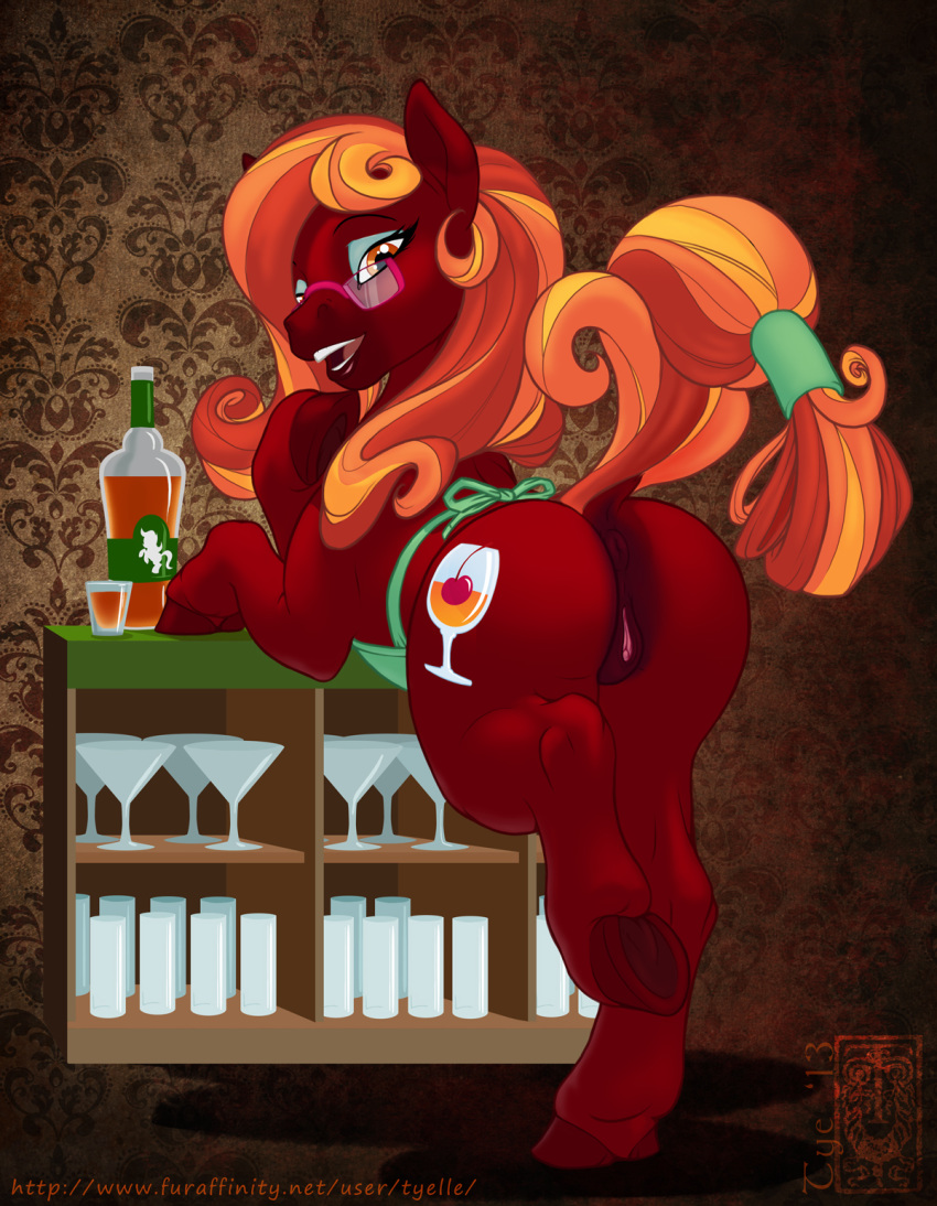 2013 alcohol amber_eyes anus ass beverage blonde_hair bottle equine eyeswear female feral glass glasses hair hooves horse inside long_hair looking_at_viewer looking_back makeup my_little_pony nude pony pose pussy raised_tail red_hair red_skin solo thighs tyelle_niko