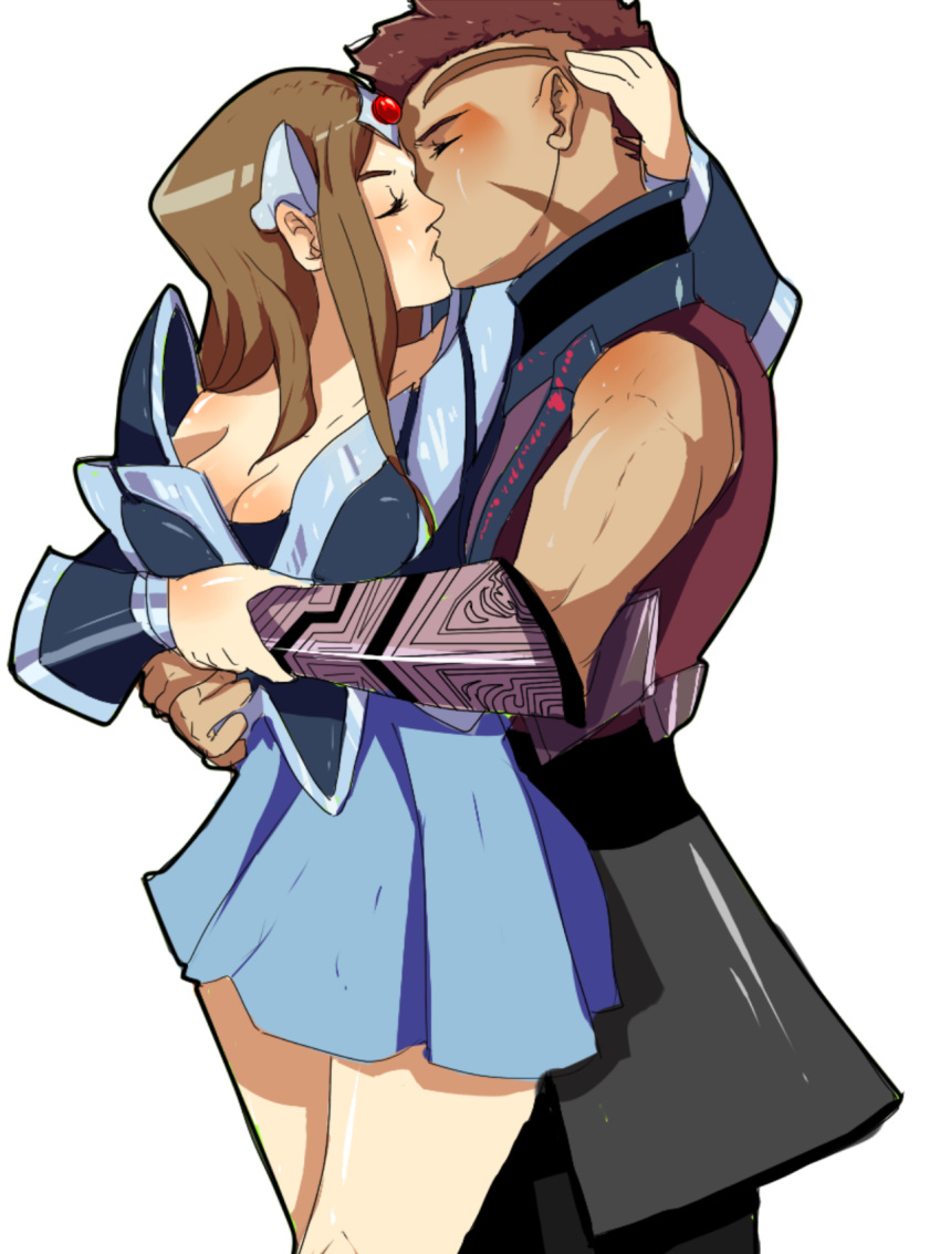 1boy 1girls anti-mage blue_eyes blue_eyeshadow bracer brown_hair cleavage closed_eyes dota_2 eyeshadow female hand_on_head hand_on_waist hug hug_from_behind kissing light_skin mirana simple_background skirt tiara valve