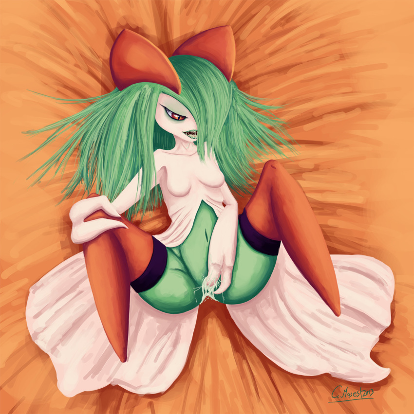 2013 female green_hair hair kirlia luffsas lying masturbation nintendo on_back pokemon pokemon_(species) pokephilia red_eyes saliva signature solo teeth vaginal_penetration video_games