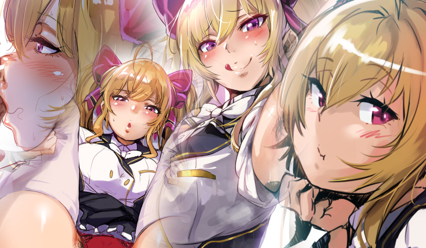 1girls :o :p :t ahoge arm_support armpit_hair armpits bangs blazer blonde_hair blush bowtie close-up double-breasted eyebrows_visible_through_hair female female_pubic_hair hair_between_eyes hair_ornament hair_ribbon half-closed_eyes hero_neisan high_resolution highres in_profile long_hair looking_at_viewer nijisanji nose_blush panties pouting pubic_hair pubic_hair_peek purple_eyes red_panties red_ribbon ribbon shiny shiny_hair sidelocks sleeves_rolled_up smile solo stray_pubic_hair sweat takamiya_rion tied_hair tongue tongue_out twintails underwear virtual_youtuber white_neckwear