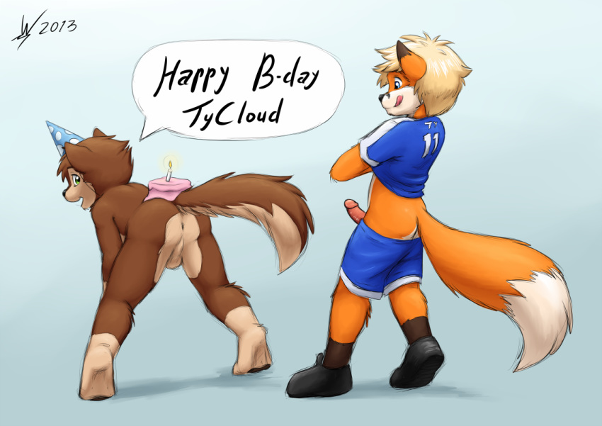 ass balls birthday cake canine clothing fox furry gay hat male no_humans penis presenting shorts tycloud wagnermutt