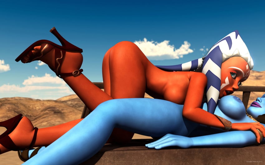 2012 2girls 3d aayla_secura ahsoka_tano areola armlet blue_eyes blue_skin bracelet clone_wars female female_only high_heels jedi kondaspeter lipstick multiple_girls nipples red_skin star_wars tatooine the_clone_wars:_season_four togruta twi'lek yuri