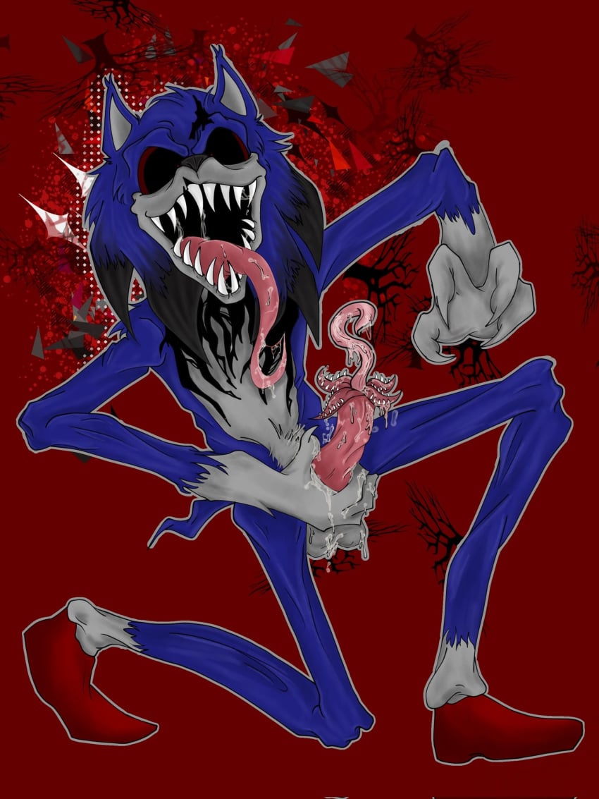 1boy alien_dick alien_genitalia black_sclera black_tip blue_fur colored_background exe_(revie) faker_(revie) grey_skin long_tongue male_masturbation male_only monster monster_cock red_shoes sharp_claws sharp_teeth sonic.exe_(series) teeth teeth_showing
