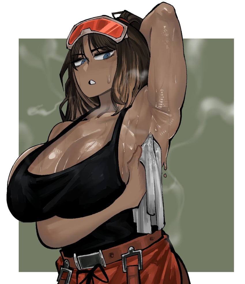 1girl 1girls 2d 2d_(artwork) arm_behind_back arm_behind_head arm_up armpit armpit_fetish armpits armpits_fetish arms_behind_back arms_up belt big_boobs big_breasts blue_eyes boobs boobs_bigger_than_head boobs_focus breast_focus breasts breasts_bigger_than_head breasts_focus brown_hair clothed clothed_female clothing color colored dark-skinned_female dark_skin eclipseecliptus eyewear eyewear_on_head female female_focus female_only hair high_resolution highres limbus_company looking_away pants ponytail project_moon ran_(limbus_company) simple_background solo solo_female solo_focus steam steaming_body steamy steamy_armpits sweat sweatdrop sweating sweaty sweaty_armpits sweaty_body sweaty_breasts tank_top thin_waist tits tits_focus tool_belt topwear upper_body upper_body_focus upper_body_only