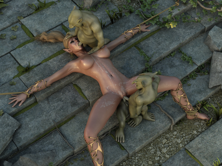 1girls 2boys 3d bad_end belly big_breasts blonde_hair blowjob breasts closed_eyes completely_nude_female cum cum_on_body defeated defeated_heroine elf_ears enslaved fat_man forced game_controller goblin goblin_male hitmanx3z linea_alba navel nipples on_ground oral rape raped_by_enemy restrained restrained_arms size_difference slave spread_arms spread_legs stomach tagme unconscious vaginal_penetration warrior