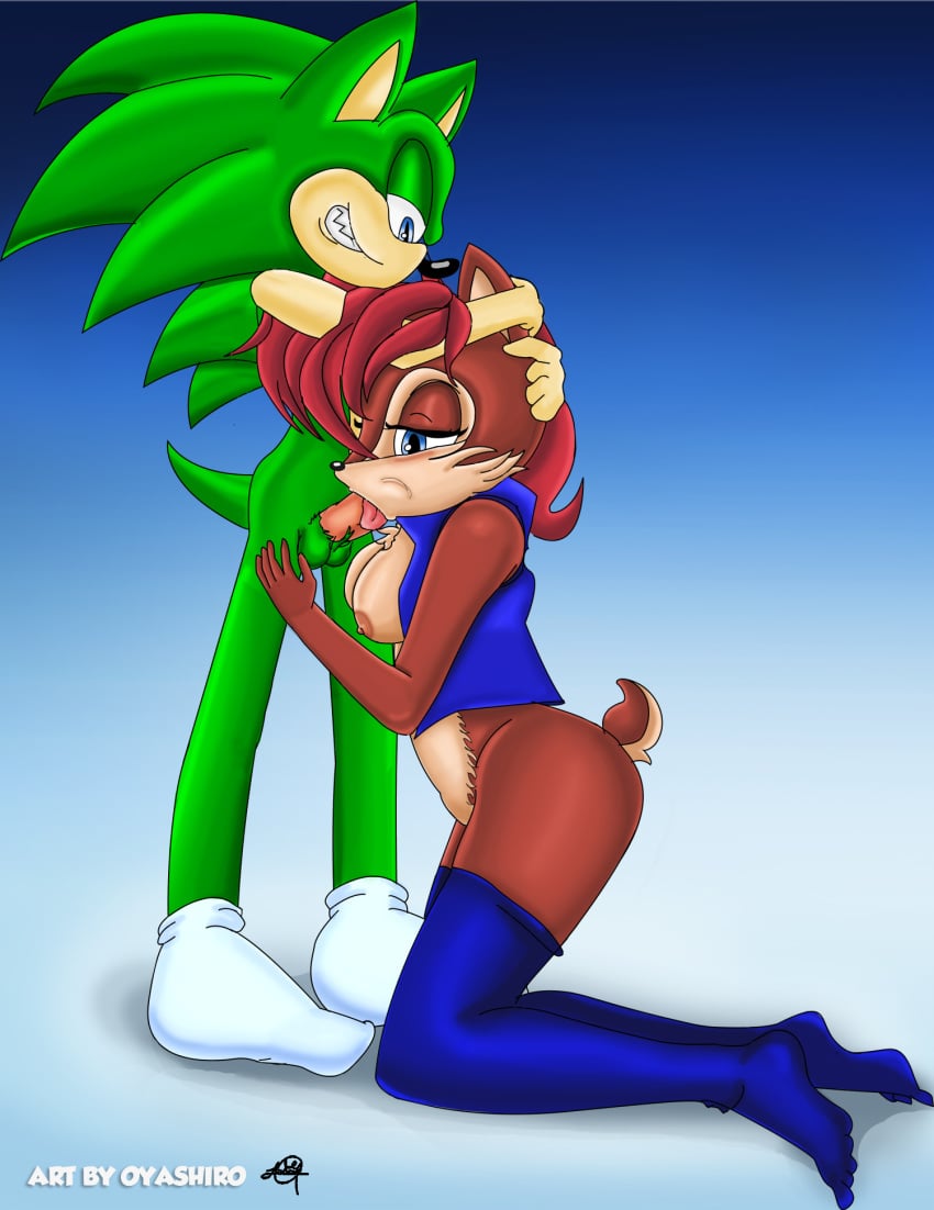 anthro balls blue_eyes blush breasts chipmunk couple fellatio female furry green_body hair hedgehog male oral oral_sex oyashirothr43 penetration penis red_hair rodent sally_acorn scar scourge_the_hedgehog sega sex sonic_(series) stockings straight teeth tongue tongue_out vaginal_penetration