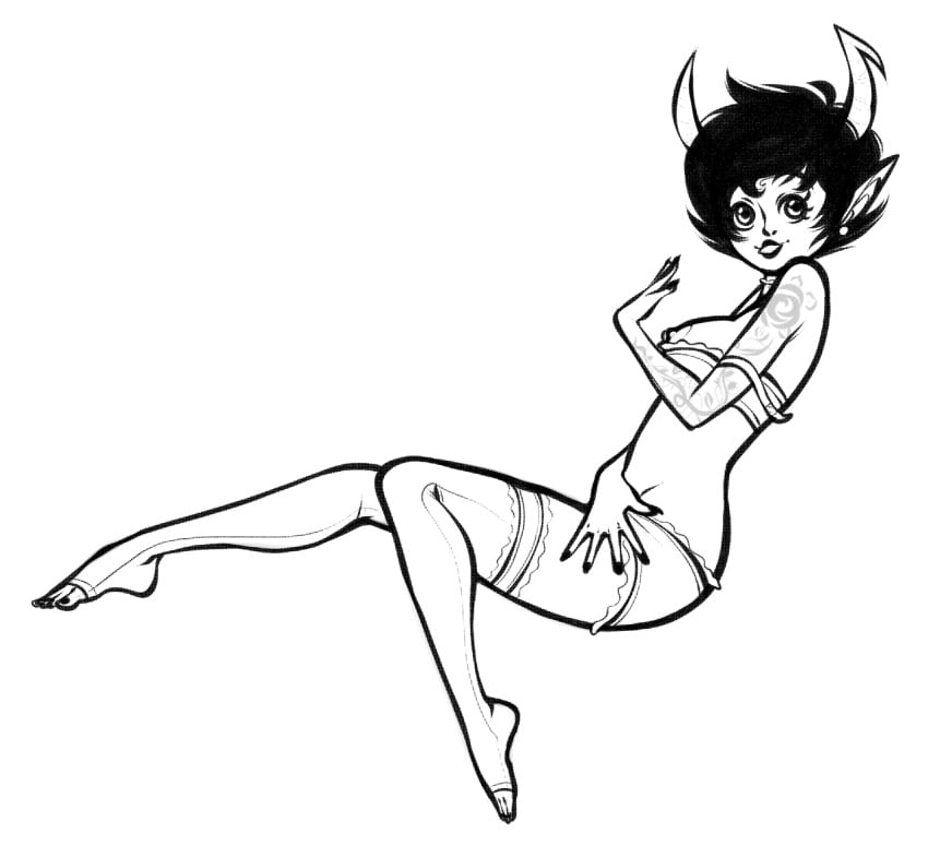 1girls black_hair black_lips black_nails bra breasts daspyorno earrings female female_only homestuck horns kanaya_maryam lingerie medium_breasts monochrome ms_paint_adventures nipples panties partially_clothed pointy_ears short_hair sitting smile solo stockings tattoo troll white_background white_skin