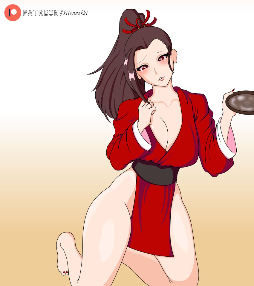 big_breasts black_hair hanabi_(mobile_legends) kitsunekhi_ lipstick mobile_legends mobile_legends:_bang_bang oil patreon red_eyes red_kimono