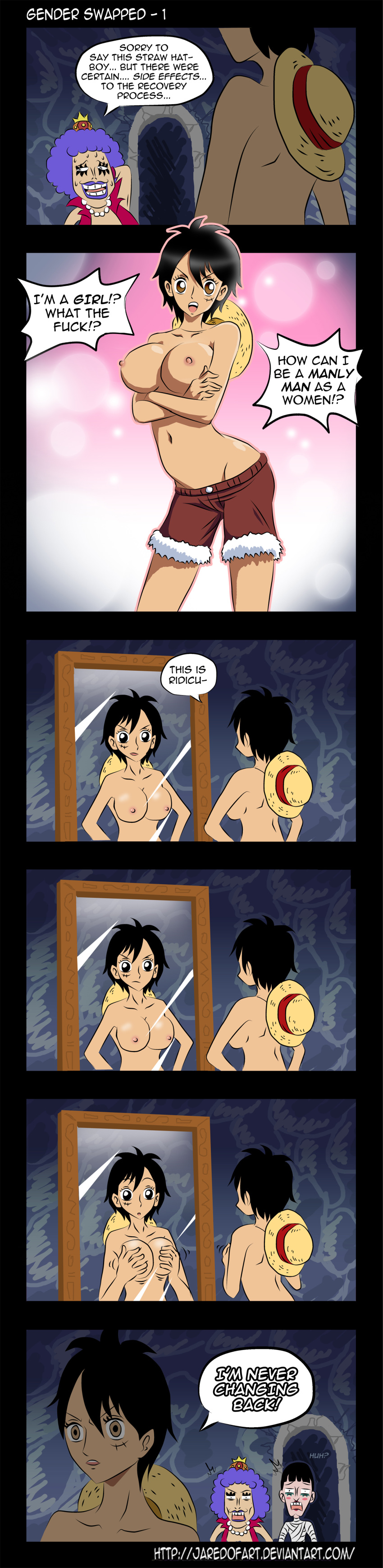 1girls areola bentham bon_clay breast_fondling breast_grab breast_squeeze breasts busty cleavage comic emporio_ivankov female funny genderswap_(mtf) horu_horu_no_mi hourglass_figure jaredofart luffyko male monkey_d_luffy nipples one_piece rule_63 scar straw_hat text voluptuous