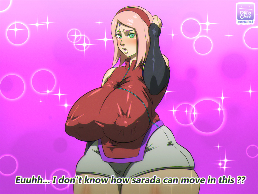 1girls alternate_body_type alternate_breast_size areolae big_breasts boruto:_naruto_next_generations breasts busty curvaceous curvy curvy_body curvy_female curvy_figure dittochad english_text female green_eyes huge_breasts hyper_breasts large_breasts looking_at_viewer mature_female milf naruto naruto_(series) nipple_bulge nipples pink_hair pussy sakura_haruno text thick thick_lips thick_thighs thunder_thighs tight_clothing venus_body voluptuous wide_hips worried worried_expression