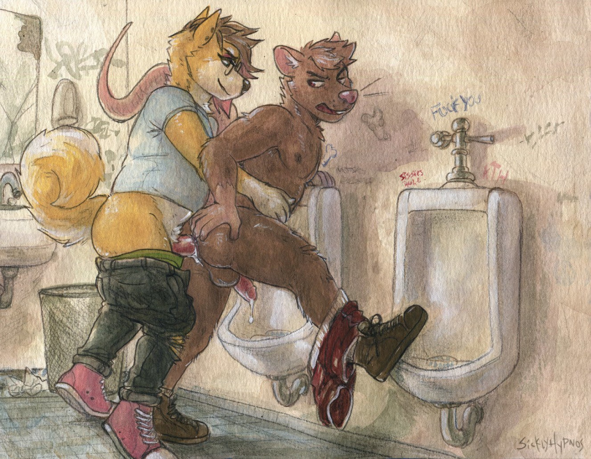 2boys anal anal_sex anthro anthro_on_anthro ass backsack balls bathroom brown_balls brown_fur brown_hair canid canine clothed clothing cum cum_in_ass cum_inside duo erection eyewear footwear fur gay glasses hair hand_on_butt humanoid_penis looking_back male male_only male_penetrated male_penetrating mammal pants_down partially_clothed penetration penis public_restroom rat rodent sex shoes sicklyhypnos signature standing underwear urinal yaoi