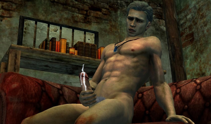 1boy 3d blue_stone books bookshelf cum_dripping dante dante_(dmc:_devil_may_cry) devil_may_cry_(series) dmc:_devil_may_cry erect_nipples erection holding_penis male male_nipples male_only masturbation nude on_couch orgasm_face pendant penis solo tagme vergil white_hair xnalara