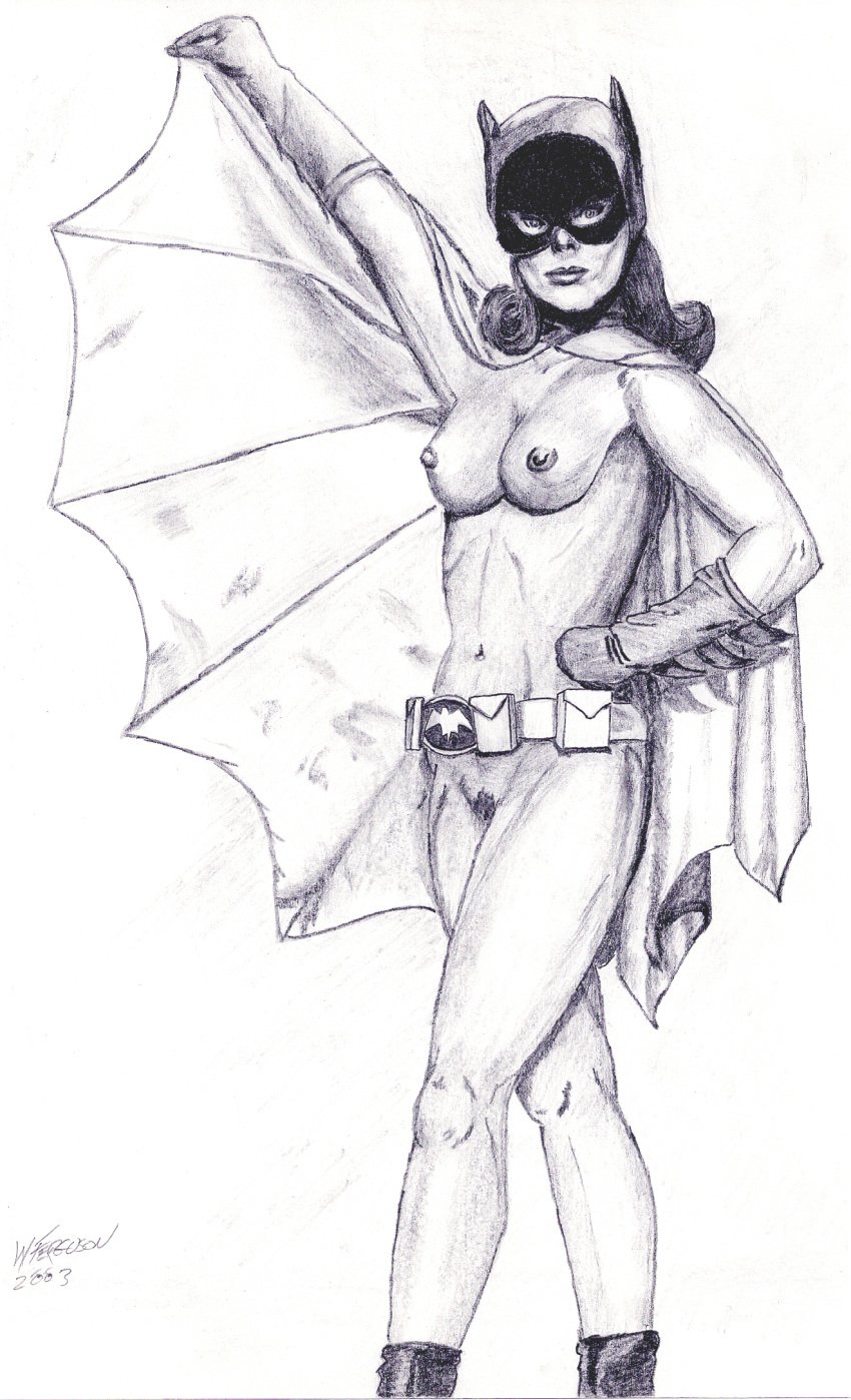 barbara_gordon_(cosplay) batgirl_(cosplay) batman_(series) batman_66 belt boots breasts cape cosplay dc female female_only gloves human light_skin monochrome mostly_nude nipples pose real_person realistic solo standing tagme wefergie007 white_background yvonne_craig