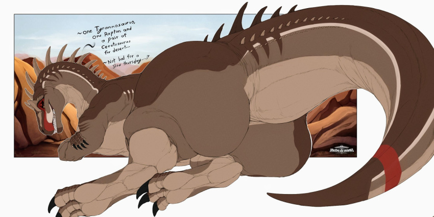 1girls allosaur allosaurid allosaurus claws dinosaur dinosaur_girl dinosaur_tail dragons_and_drawings english_text female feral huge_ass kyra_(dragons_and_drawings) looking_at_viewer looking_back lying_down original original_character sharp_teeth smile spikes stripes teeth