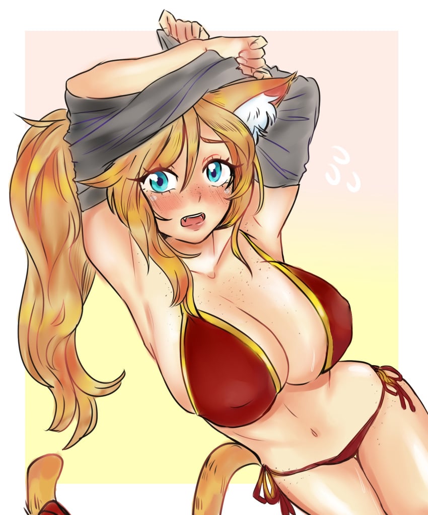 1girls animal_ears armpits arms_above_head bikini bikini_bottom bikini_top blonde_hair blue_eyes breasts cat_ears cat_tail catgirl embarrassed freckles freckles_on_breasts freckles_on_chest freckles_on_face freckles_on_legs freckles_on_thighs indie_virtual_youtuber large_breasts light-skinned_female light_skin looking_at_viewer nekomimi nipple_bulge ponytail shirt_lift shirt_lifted_by_self solo solo_female solo_focus taking_clothes_off taking_shirt_off thick_thighs thor_chan tummy virtual_youtuber vrchat