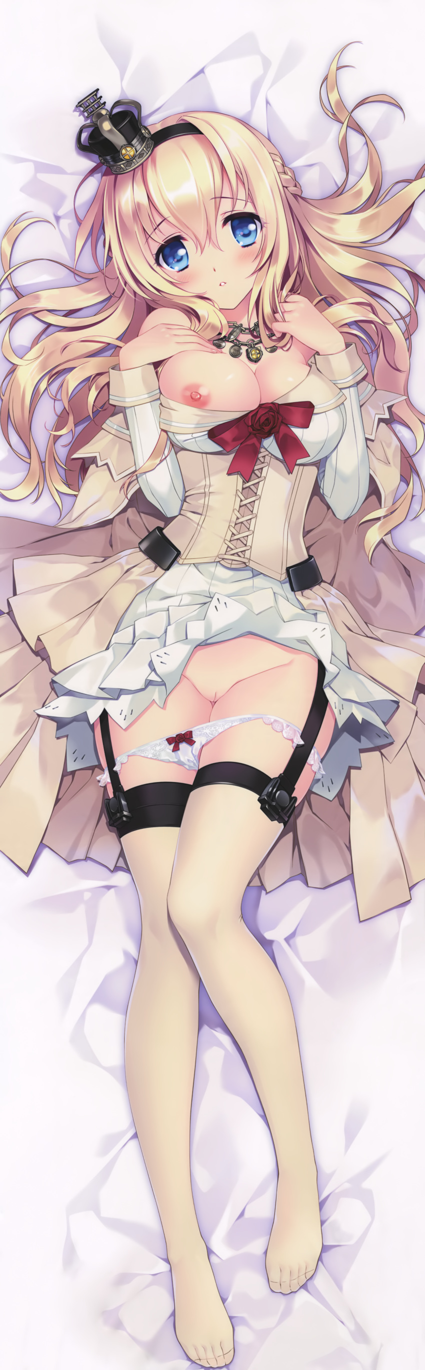 breasts carnelian dakimakura innie_pussy kantai_collection nipples no_bra pantsu panty_pull pussy skirt_lift stockings thighhighs warspite_(kantai_collection)