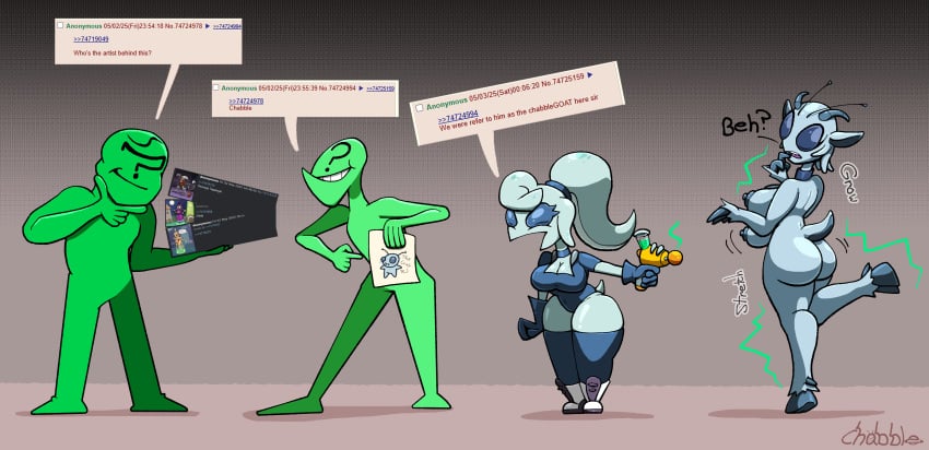 4chan alien alien_girl anon anonymous_male chabble dialogue goat_girl grey_skin multi_breast multiple_boys multiple_girls nahl_(chabble) ray_gun talking tentacle tentacle_hair transformation