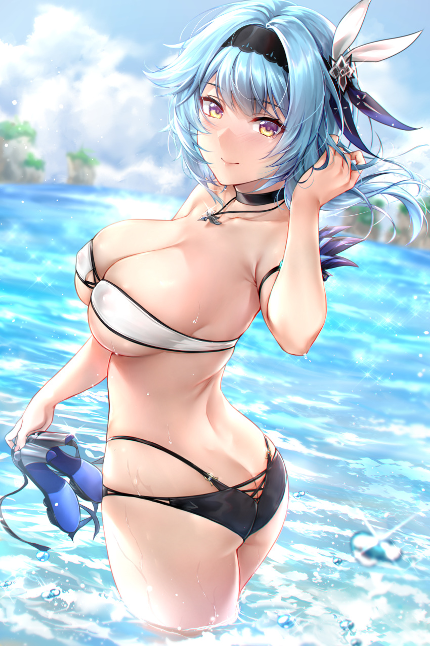 ass bandeau bangs bare_shoulders bikini black_hairband blue_hair blush breasts cleavage collarbone eula_(genshin_impact) female genshin_impact hairband large_breasts looking_at_viewer medium_hair nail_polish purple_eyes rei_kun sidelocks smile solo strapless strapless_bikini swimsuit thighs wading water wet