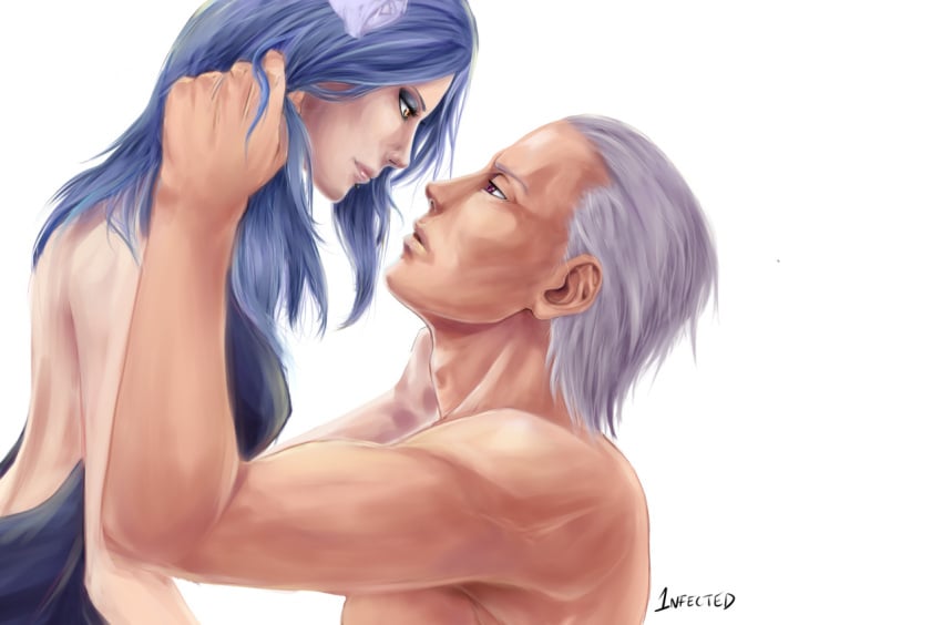 1boy 1girls backless_dress backless_outfit bare_back blue_hair eyeshadow face-to-face female grey_hair hand_in_hair hidan konan looking_at_partner male male/female naruto naruto_(series) naruto_shippuden shirtless shirtless_male silver_hair straight