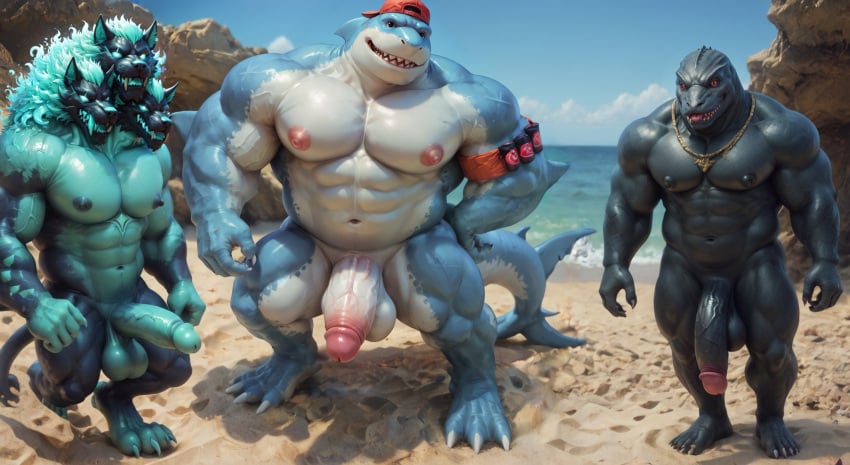 3_heads 3boys ai_generated beach big_balls big_muscles big_nipples big_pecs big_penis black_body booster_rex canine cerberus cerberus_(fortnite) completely_nude completely_nude_male daddy day erect_nipples erection furry furry_male gay green_body huge_balls huge_cock huge_muscles huge_nipples huge_pecs lizard looking_at_viewer male male_only muscular muscular_anthro muscular_male navel red_eyes safety_first_steve_(fortnite) sand shark threesome thunder_(fortnite) water