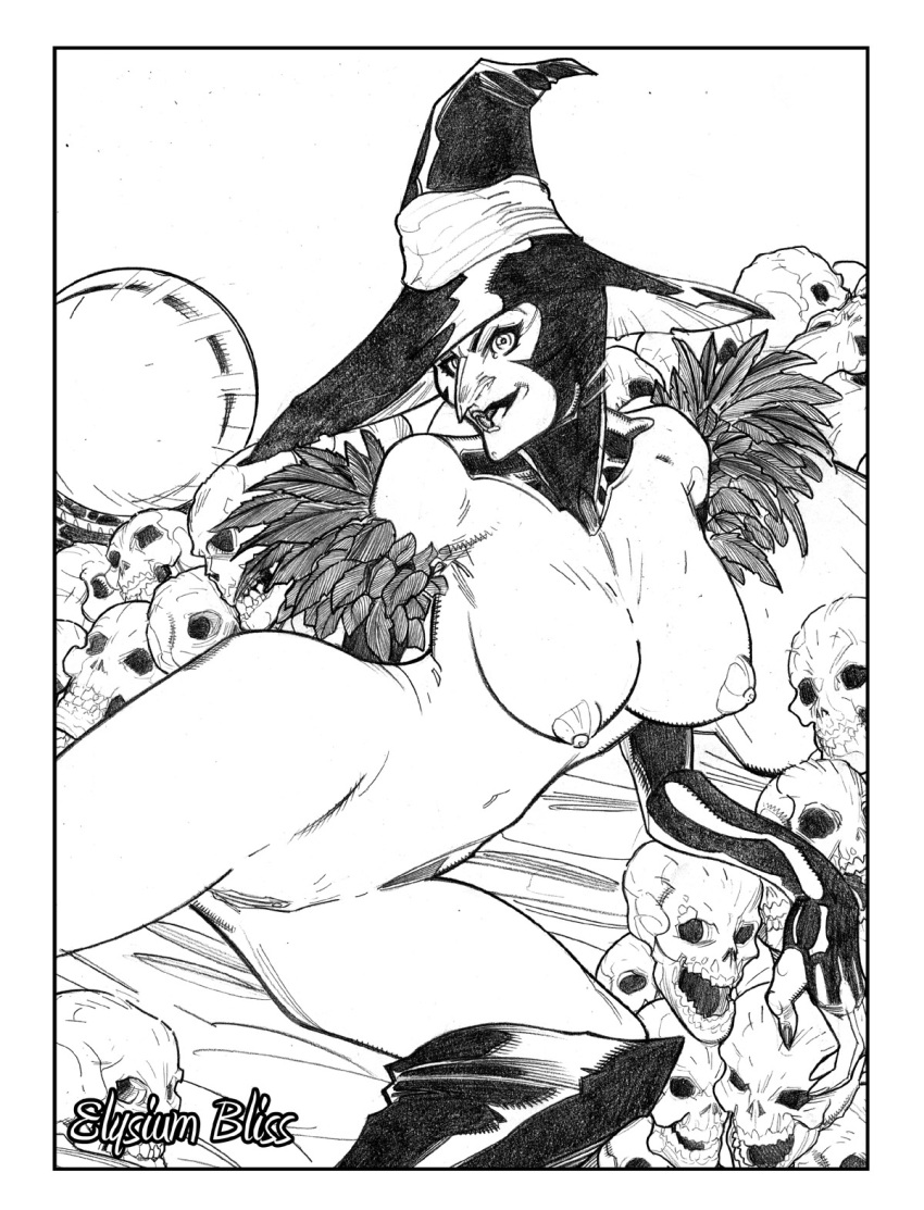 1girls elysiumbliss female female_only looking_at_viewer monochrome naked nipples real_witch skulls solo solo_female the_oz_series the_wizard_of_oz wicked wicked_witch_of_the_west witch witch_hat